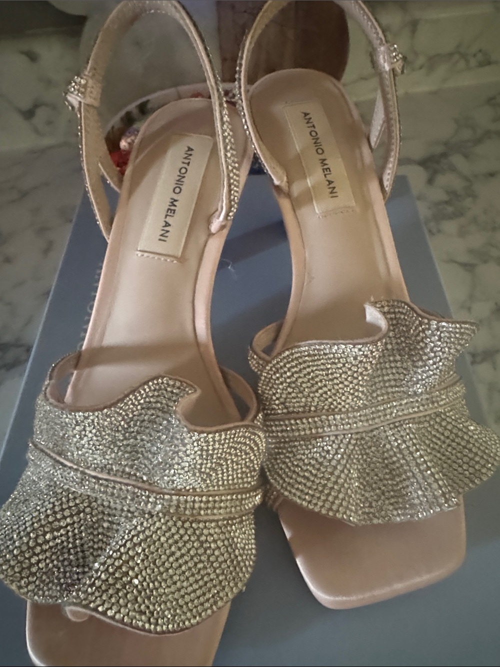 ANTONIO MELANI Gold Ruffle Beaded Slingback Heels